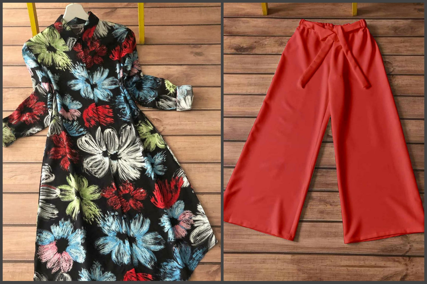 Red Floral Rayon Kurti with Red Palazzo Set | Kella Weave
