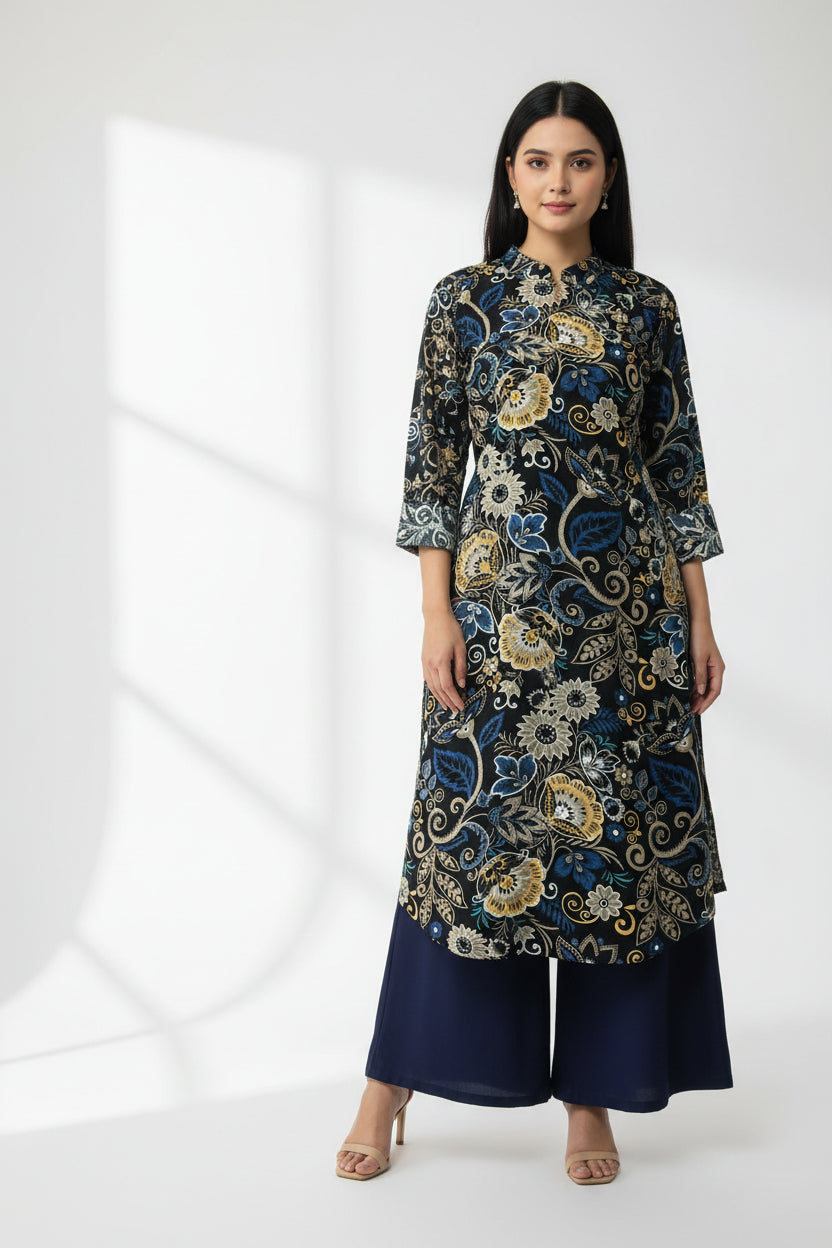 Dark Floral Rayon Kurti with Navy Palazzo Set | Kella Weave