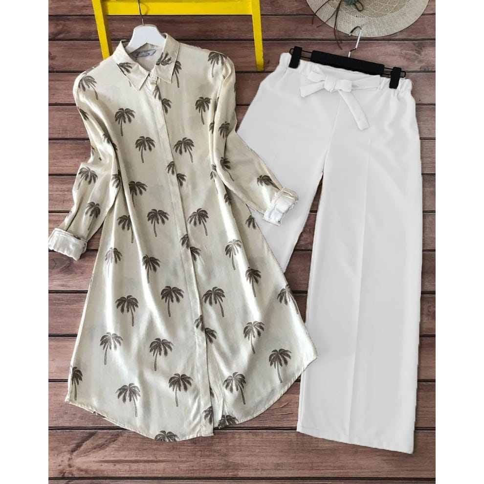 Palm Print Rayon Kurti with White Palazzo Set | Kella Weave