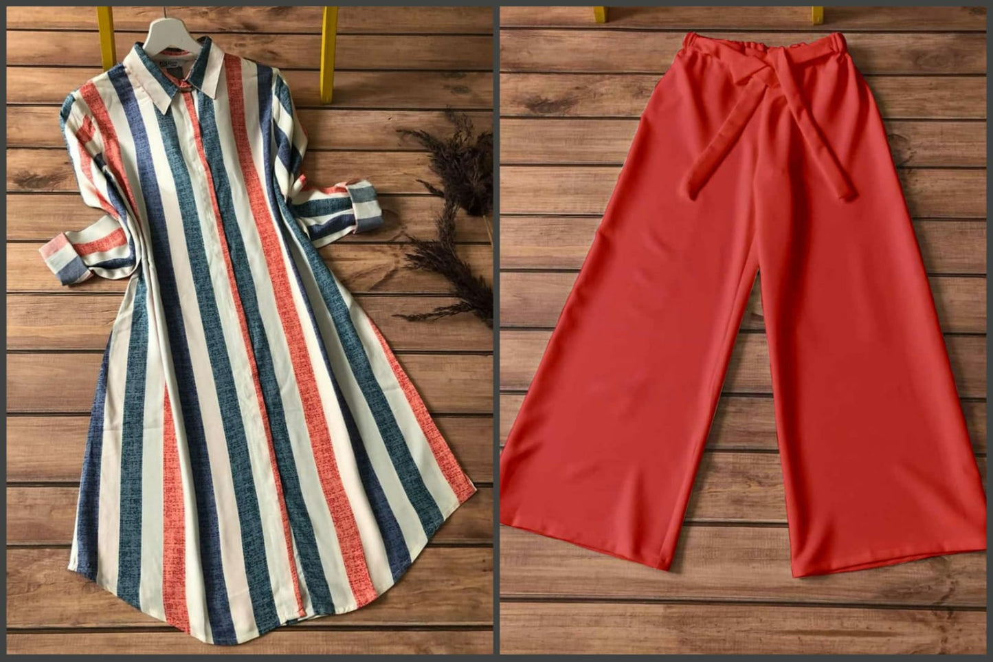 Stripe Rayon Kurti with Red Palazzo Set | Kella Weave