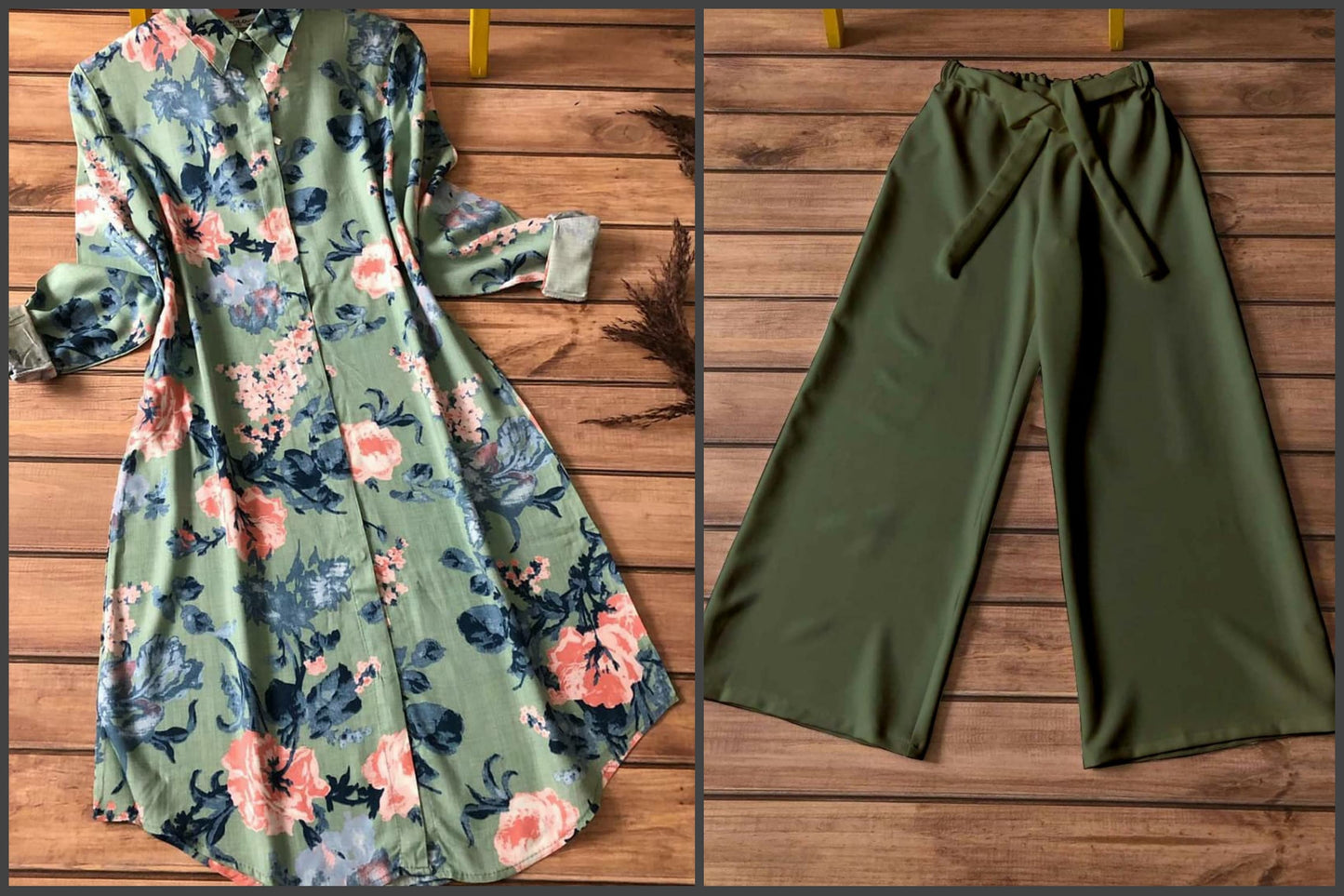 Pastel Floral Rayon Kurti with Olive Palazzo Set | Kella Weave