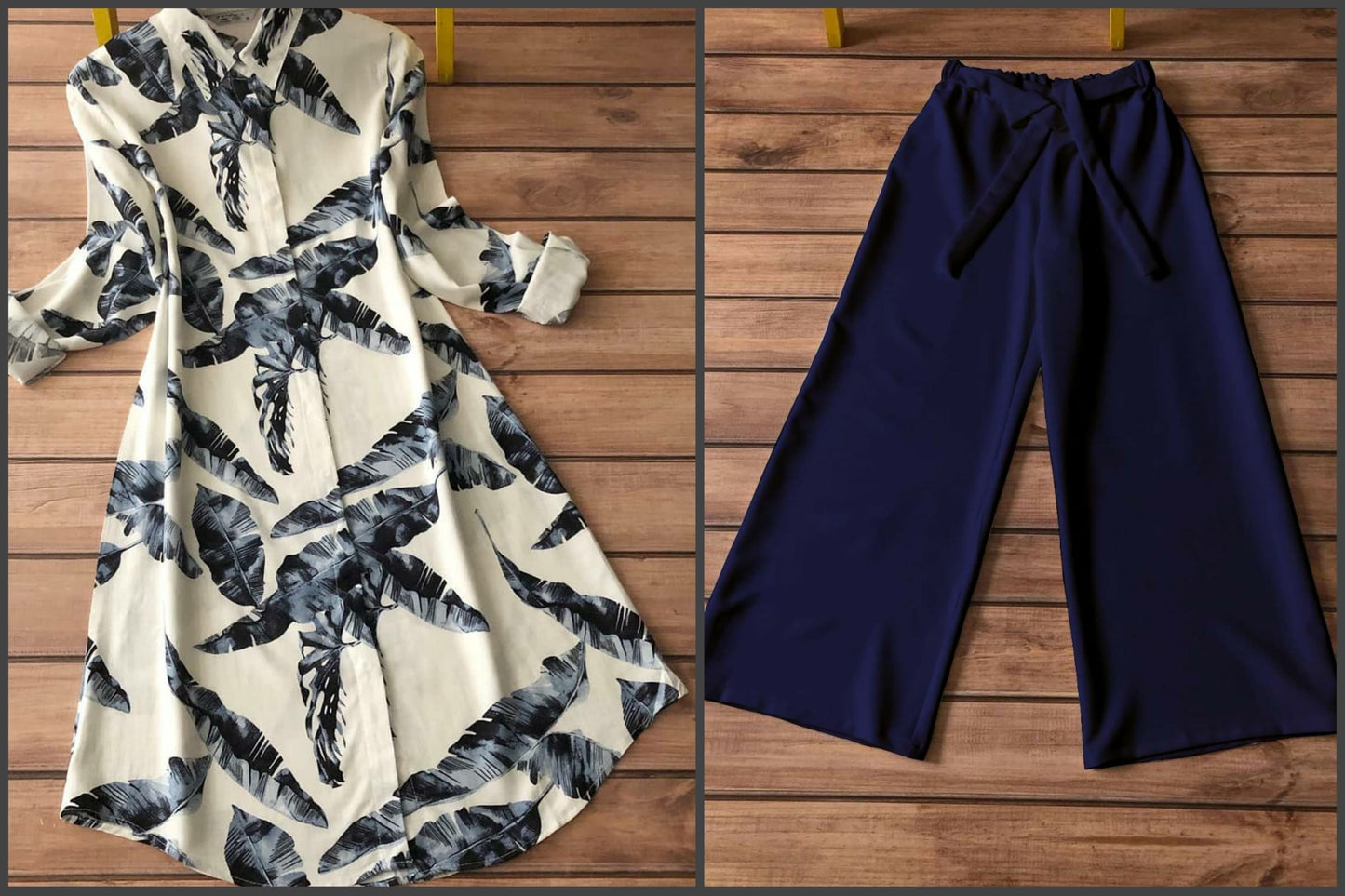 Tropical Leaf Rayon Kurti with Navy Palazzo Set | Kella Weave
