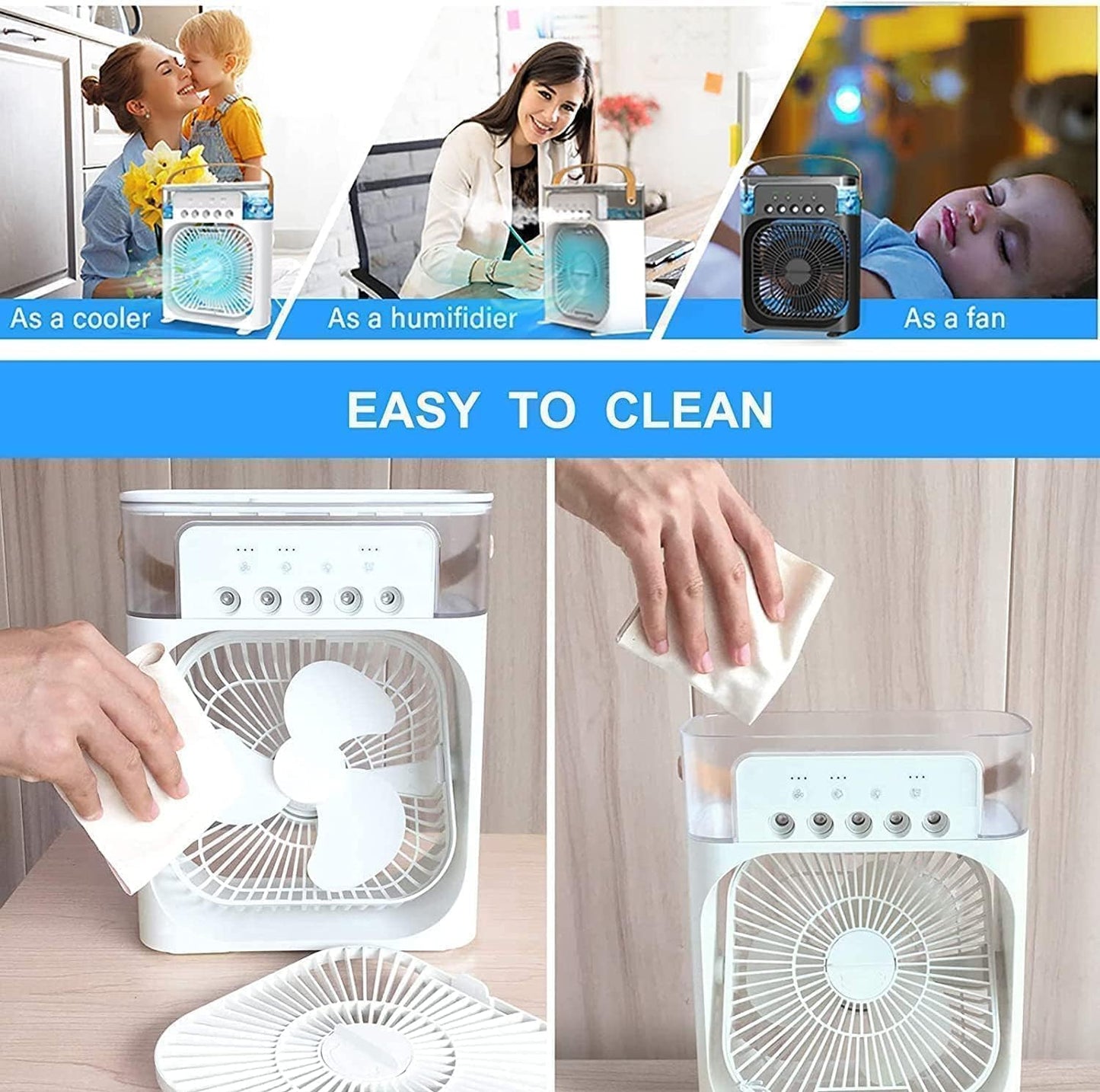 ❄️ Kella Portable Mini Air Fan With Mist Cooling – 3-Speed, 7-Color LED Light, Water Tank Cooling – Ideal for Desk, Home, Office, Travel