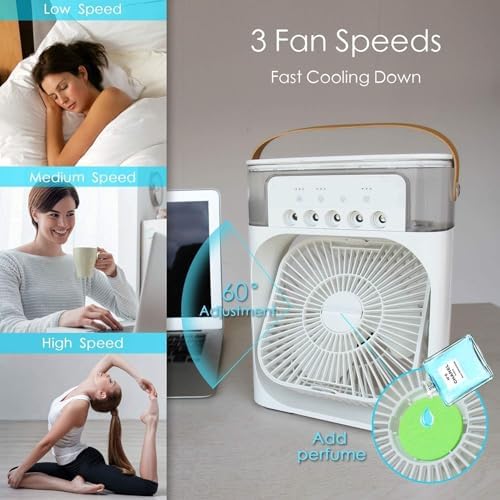 ❄️ Kella Portable Mini Air Fan With Mist Cooling – 3-Speed, 7-Color LED Light, Water Tank Cooling – Ideal for Desk, Home, Office, Travel