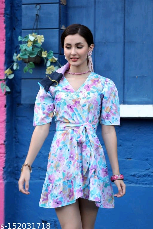 Women's Rayon Floral Print Short A-Line Western Dress