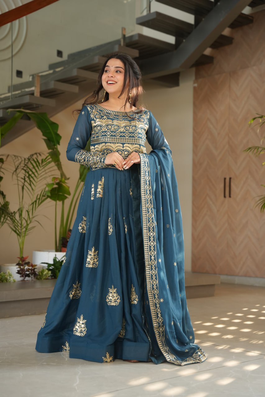 Rama Green Sequins Embroidered Anarkali Gown with Dupatta | Kella Weave