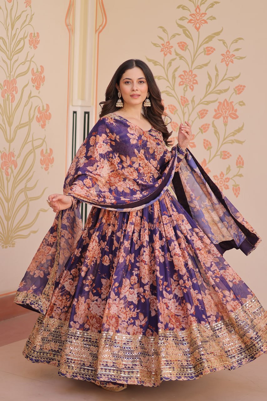 Purple Floral Digital Print Anarkali Gown with Dupatta | Kella Weave