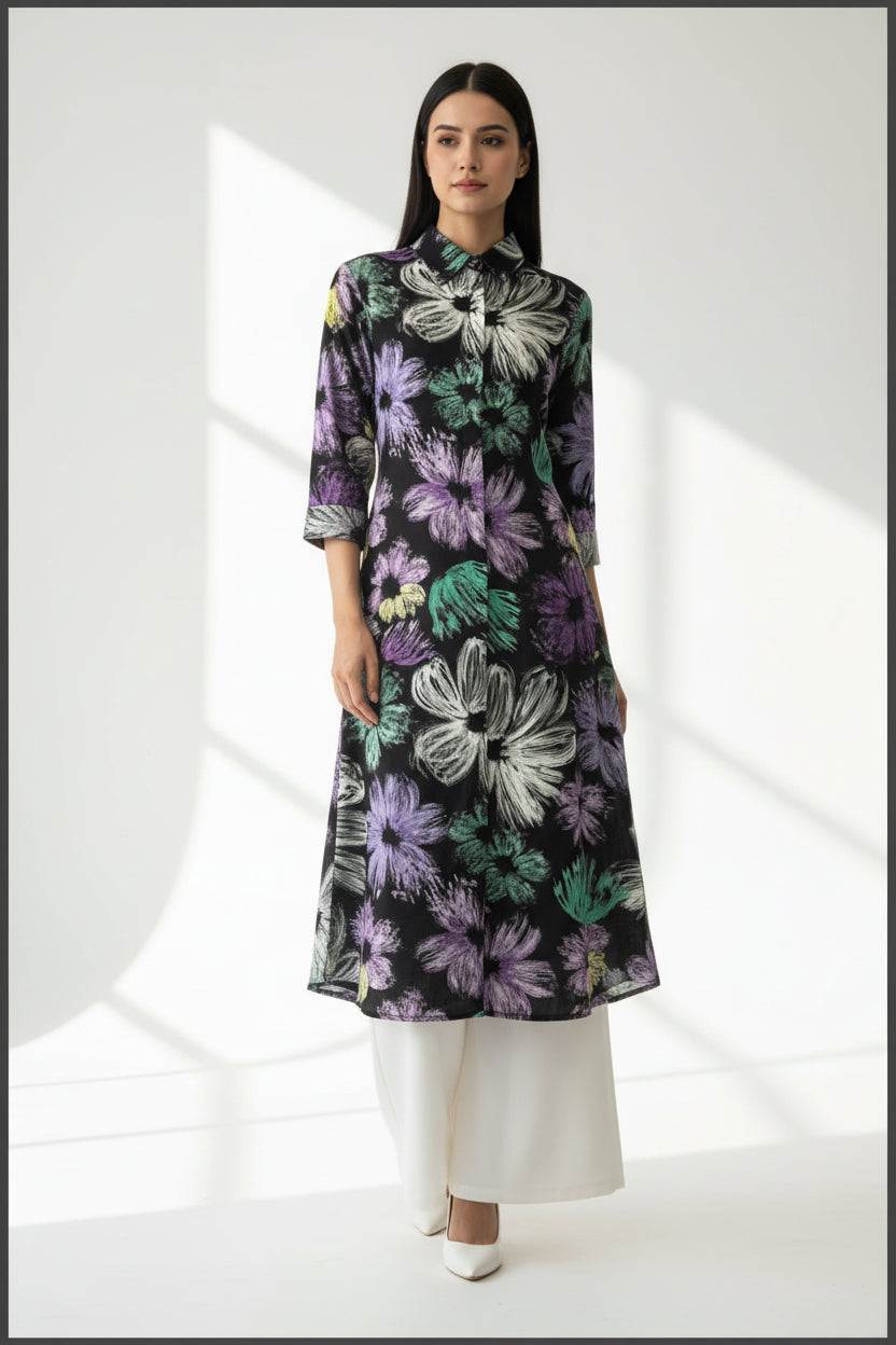White Floral Rayon Kurti with White Palazzo Set | Kella Weave