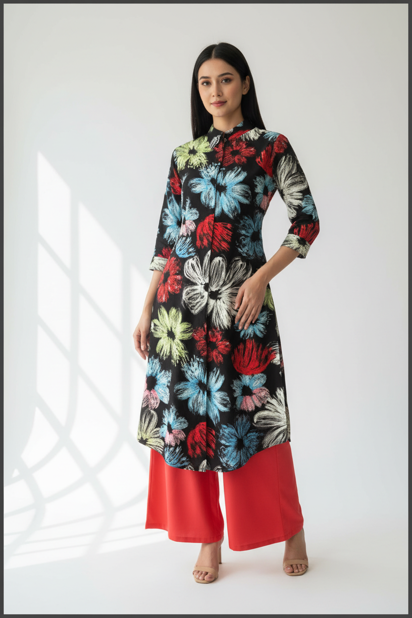 Red Floral Rayon Kurti with Red Palazzo Set | Kella Weave