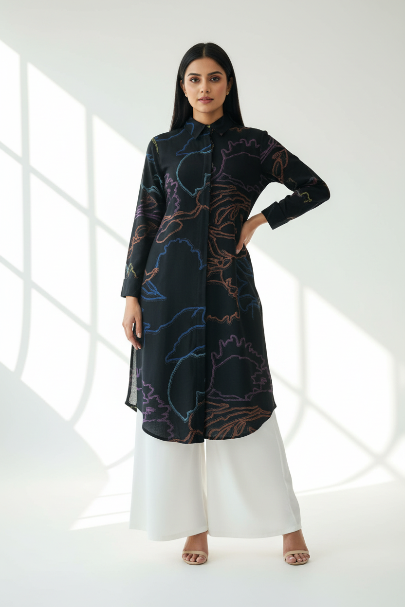 Dark Floral Rayon Kurti with White Palazzo Set | Kella Weave