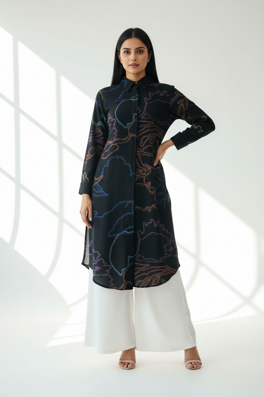 Dark Floral Rayon Kurti with White Palazzo Set | Kella Weave