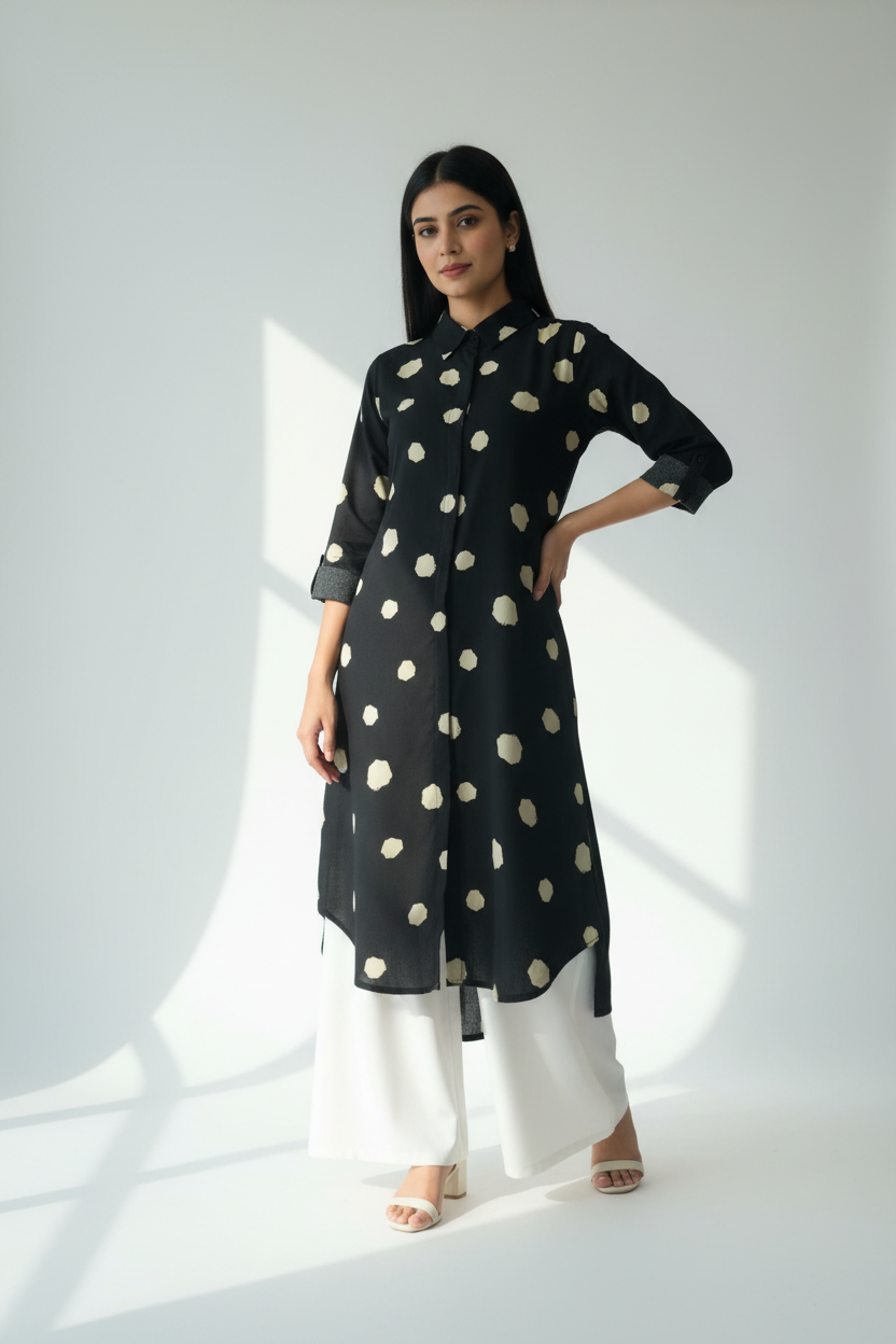 Polka Dot Rayon Kurti with White Palazzo Set | Kella Weave