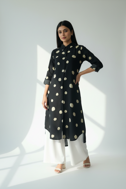 Polka Dot Rayon Kurti with White Palazzo Set | Kella Weave