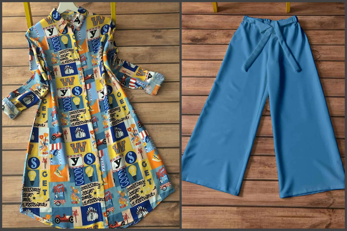 Multicolour Rayon Kurti with Blue Palazzo Set | Kella Weave