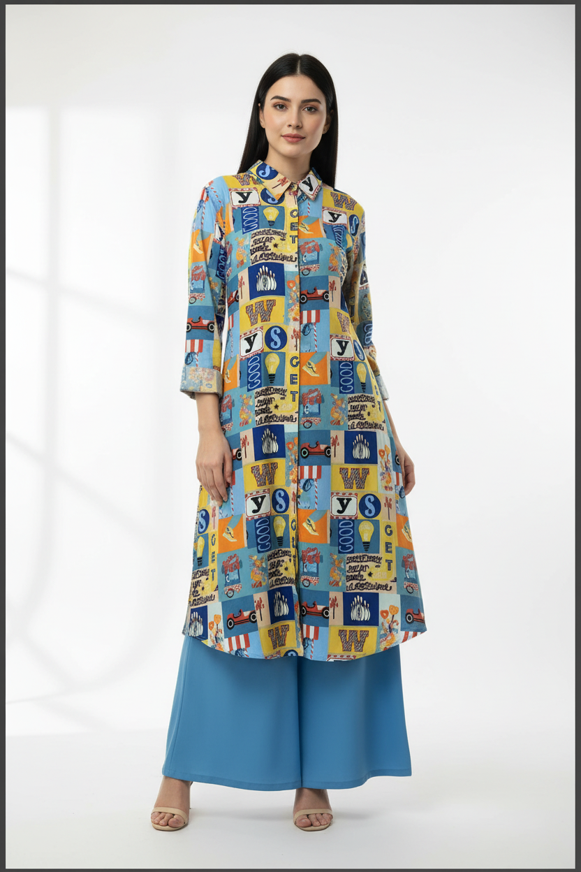 Multicolour Rayon Kurti with Blue Palazzo Set | Kella Weave