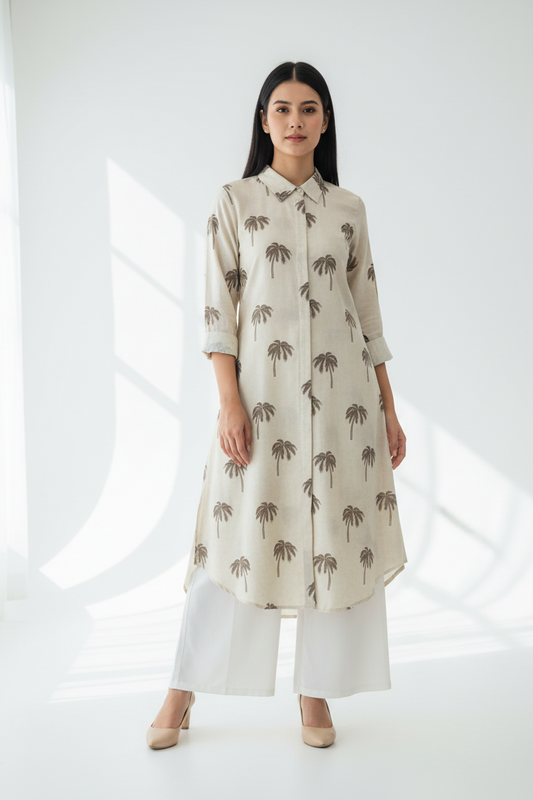 Palm Print Rayon Kurti with White Palazzo Set | Kella Weave
