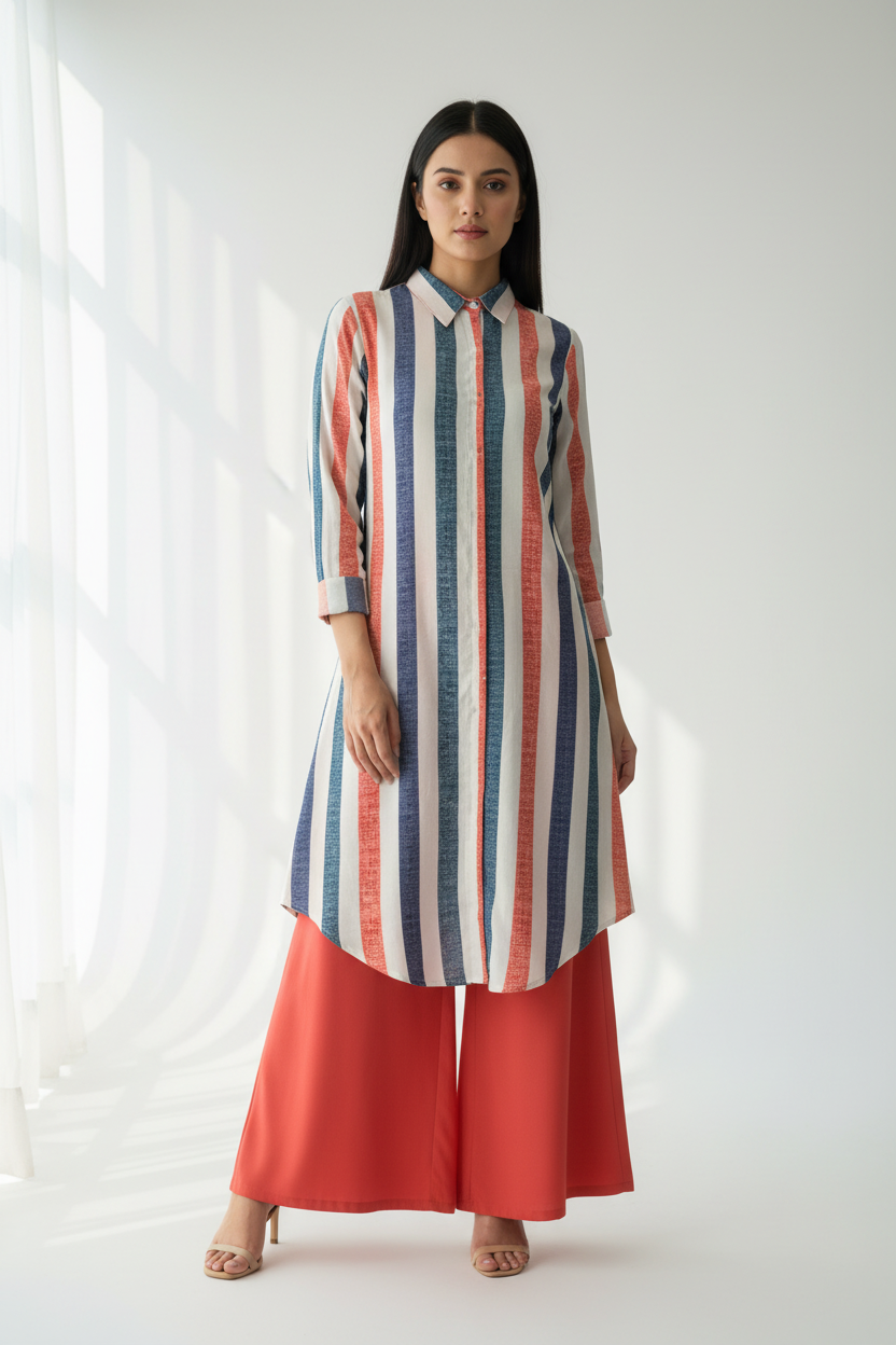 Stripe Rayon Kurti with Red Palazzo Set | Kella Weave