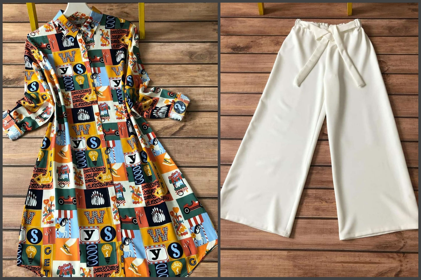 Multicolour Patch Rayon Kurti with Black Palazzo Set | Kella Weave