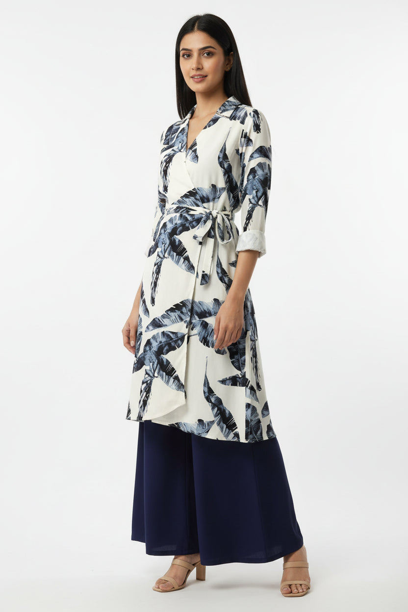Tropical Leaf Rayon Kurti with Navy Palazzo Set | Kella Weave