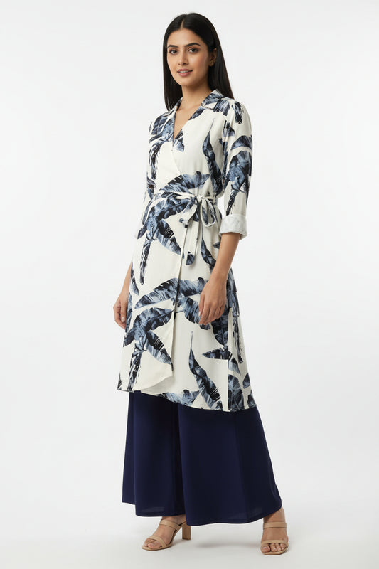 Tropical Leaf Rayon Kurti with Navy Palazzo Set | Kella Weave