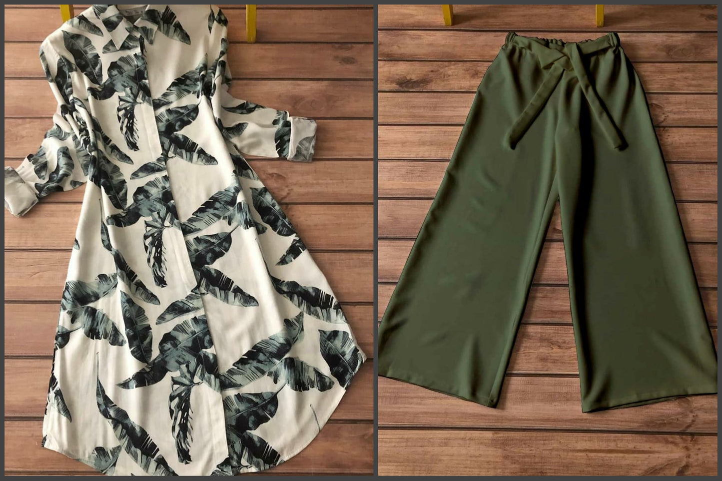 Tropical Leaf Rayon Kurti with Olive Palazzo Set | Kella Weave