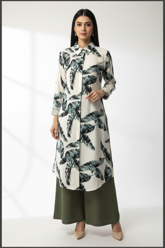 Tropical Leaf Rayon Kurti with Olive Palazzo Set | Kella Weave