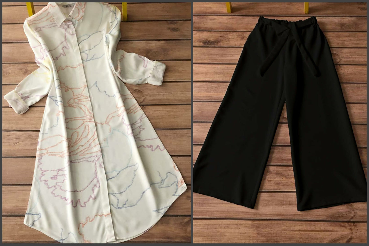 White Abstract Rayon Kurti with Black Palazzo Set | Kella Weave