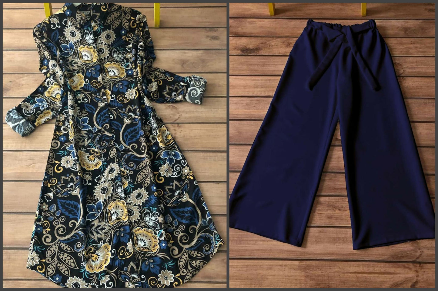 Dark Floral Rayon Kurti with Navy Palazzo Set | Kella Weave