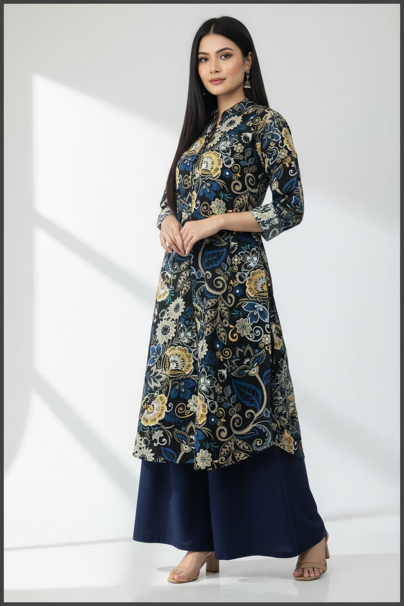 Dark Floral Rayon Kurti with Navy Palazzo Set | Kella Weave