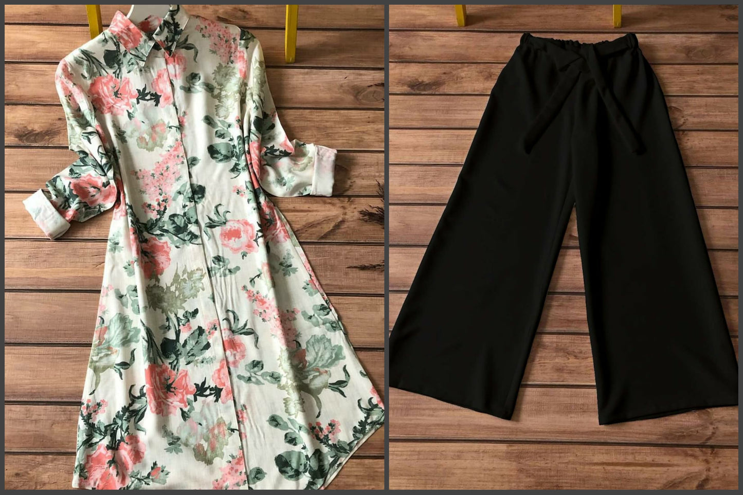 Cream Floral Rayon Kurti with Black Palazzo Set | Kella Weave