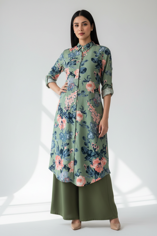 Pastel Floral Rayon Kurti with Olive Palazzo Set | Kella Weave