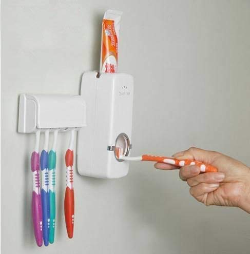 Modern Wall Mounted Plastic Dust Proof Automatic Toothpaste Dispenser and Detachable Hole 5 Toothbrush Holder