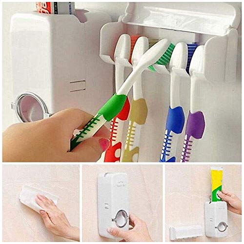 Modern Wall Mounted Plastic Dust Proof Automatic Toothpaste Dispenser and Detachable Hole 5 Toothbrush Holder