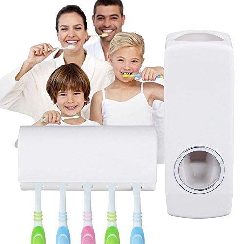 Modern Wall Mounted Plastic Dust Proof Automatic Toothpaste Dispenser and Detachable Hole 5 Toothbrush Holder
