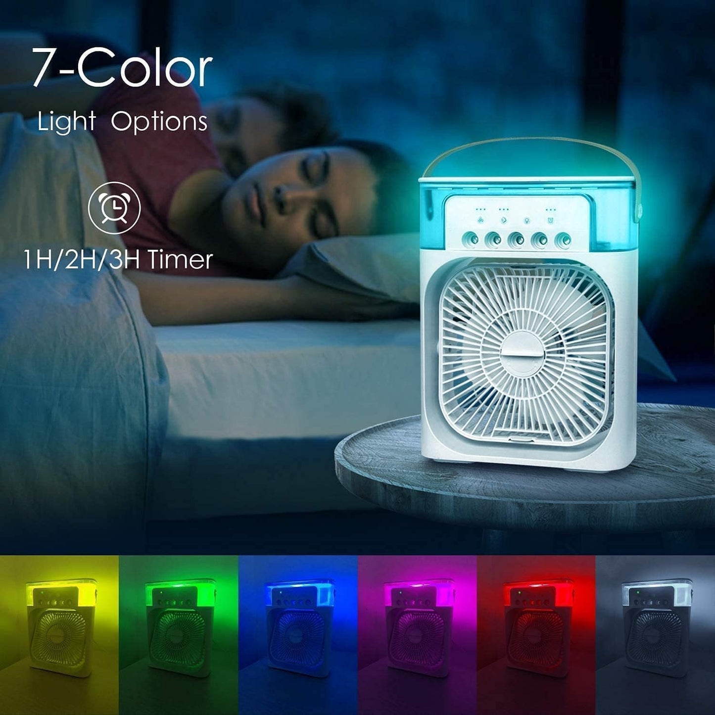❄️ Kella Portable Mini Air Fan With Mist Cooling – 3-Speed, 7-Color LED Light, Water Tank Cooling – Ideal for Desk, Home, Office, Travel