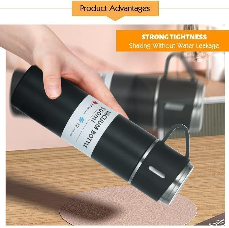 Kella Steel Vacuum Flask Set with 3 Stainless Steel Cups Combo - 500ml - Keeps HOT/Cold  12 Hours