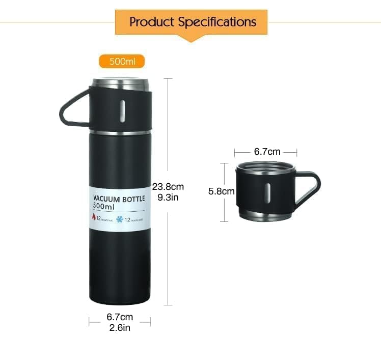 Kella Steel Vacuum Flask Set with 3 Stainless Steel Cups Combo - 500ml - Keeps HOT/Cold  12 Hours