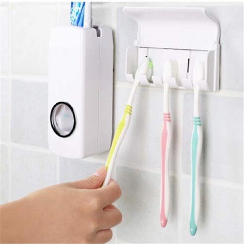 Modern Wall Mounted Plastic Dust Proof Automatic Toothpaste Dispenser and Detachable Hole 5 Toothbrush Holder