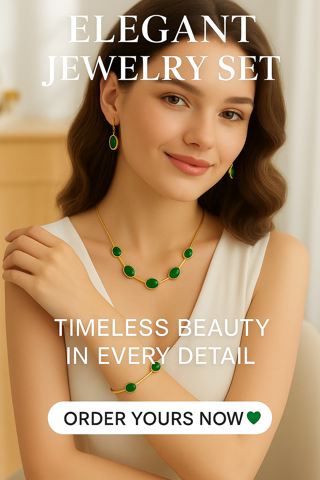 Oval Green Crystal Pendant Necklace Set With Bracelet