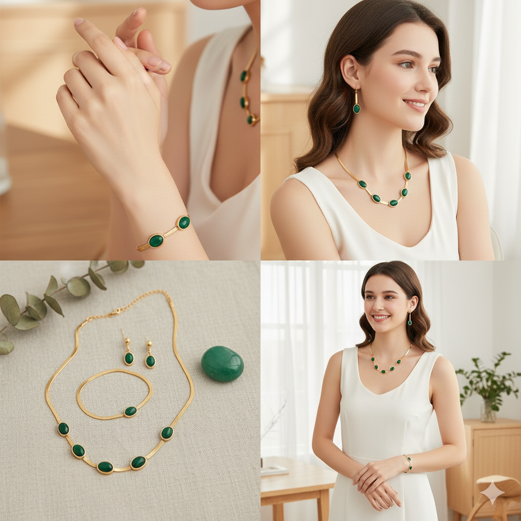 Oval Green Crystal Pendant Necklace Set With Bracelet