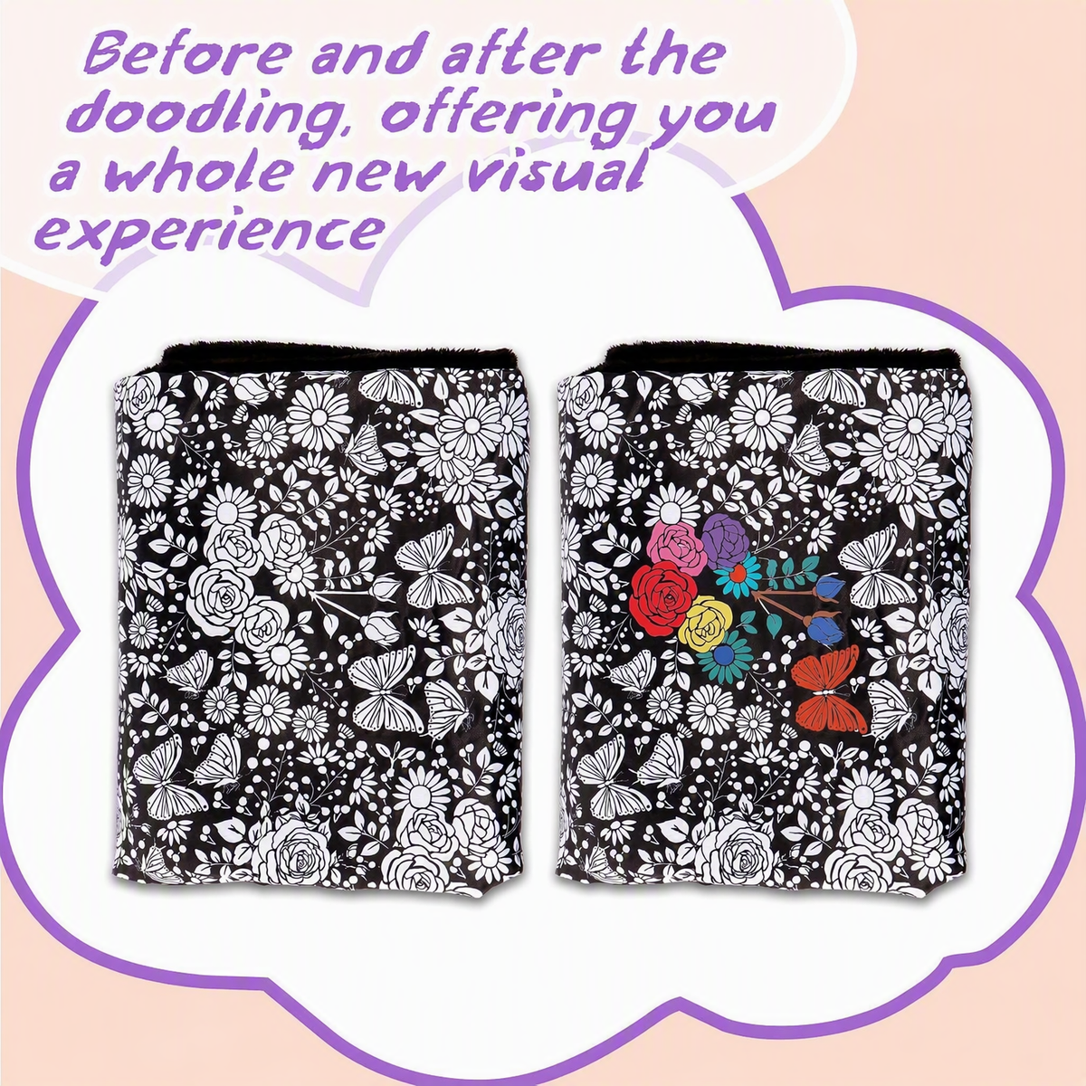 Colouring the floral velvet blanket with fabric markers