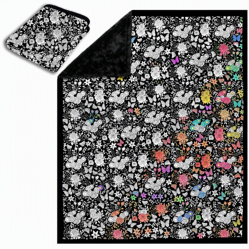 Kella DIY coloring blanket with black floral line-art design