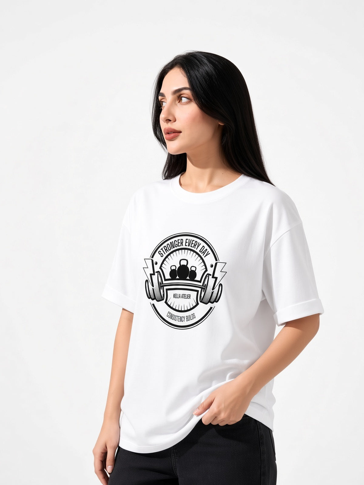 Stronger Everyday White Oversized Tee - Kella Atelier | 220 GSM Premium Cotton
