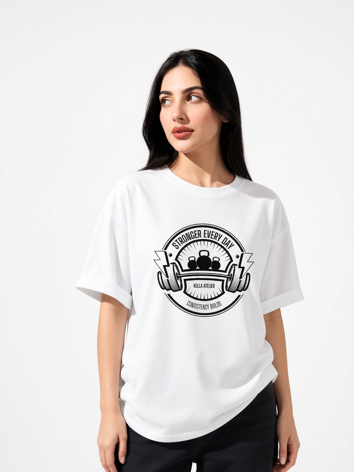 Stronger Everyday White Oversized Tee - Kella Atelier | 220 GSM Premium Cotton