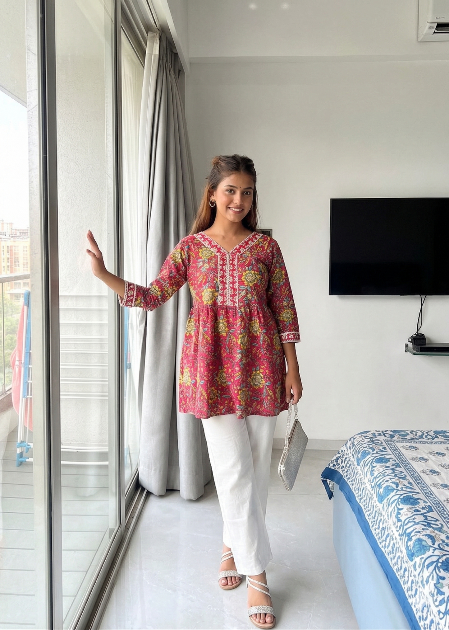 Floral Print Cotton Kurti with Lace Neckline - Kella Weave