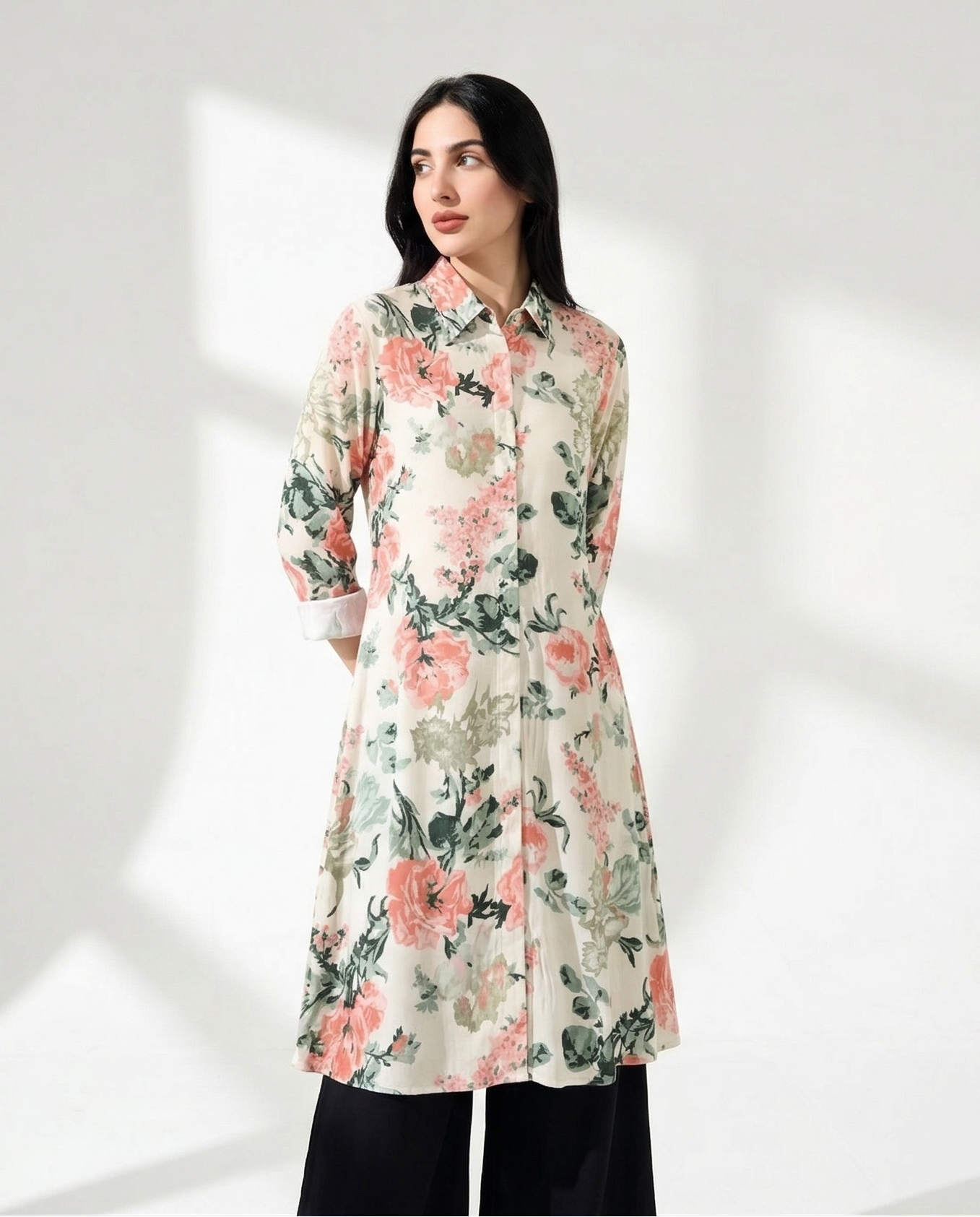 Cream Floral Rayon Kurti with Black Palazzo Set | Kella Weave