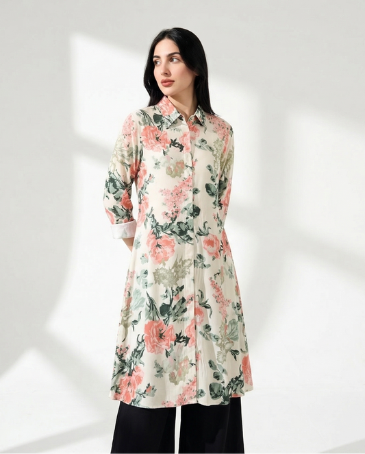 Cream Floral Rayon Kurti with Black Palazzo Set | Kella Weave