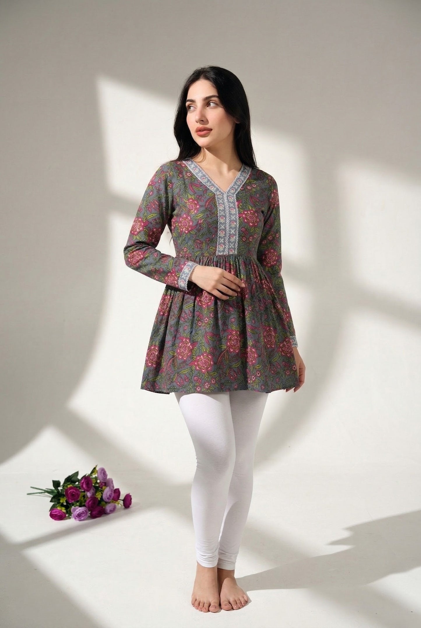 Floral Print Cotton Kurti with Lace Neckline - Kella Weave
