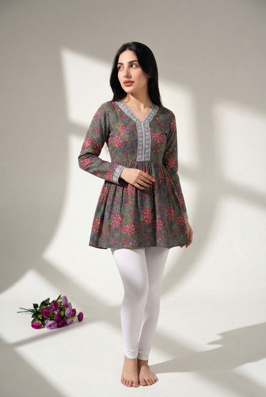 Floral Print Cotton Kurti with Lace Neckline - Kella Weave