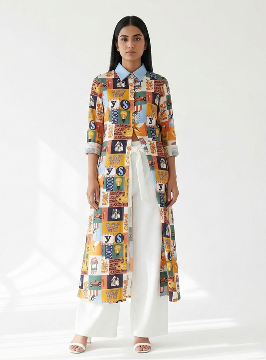 Multicolour Patch Rayon Kurti with Black Palazzo Set | Kella Weave
